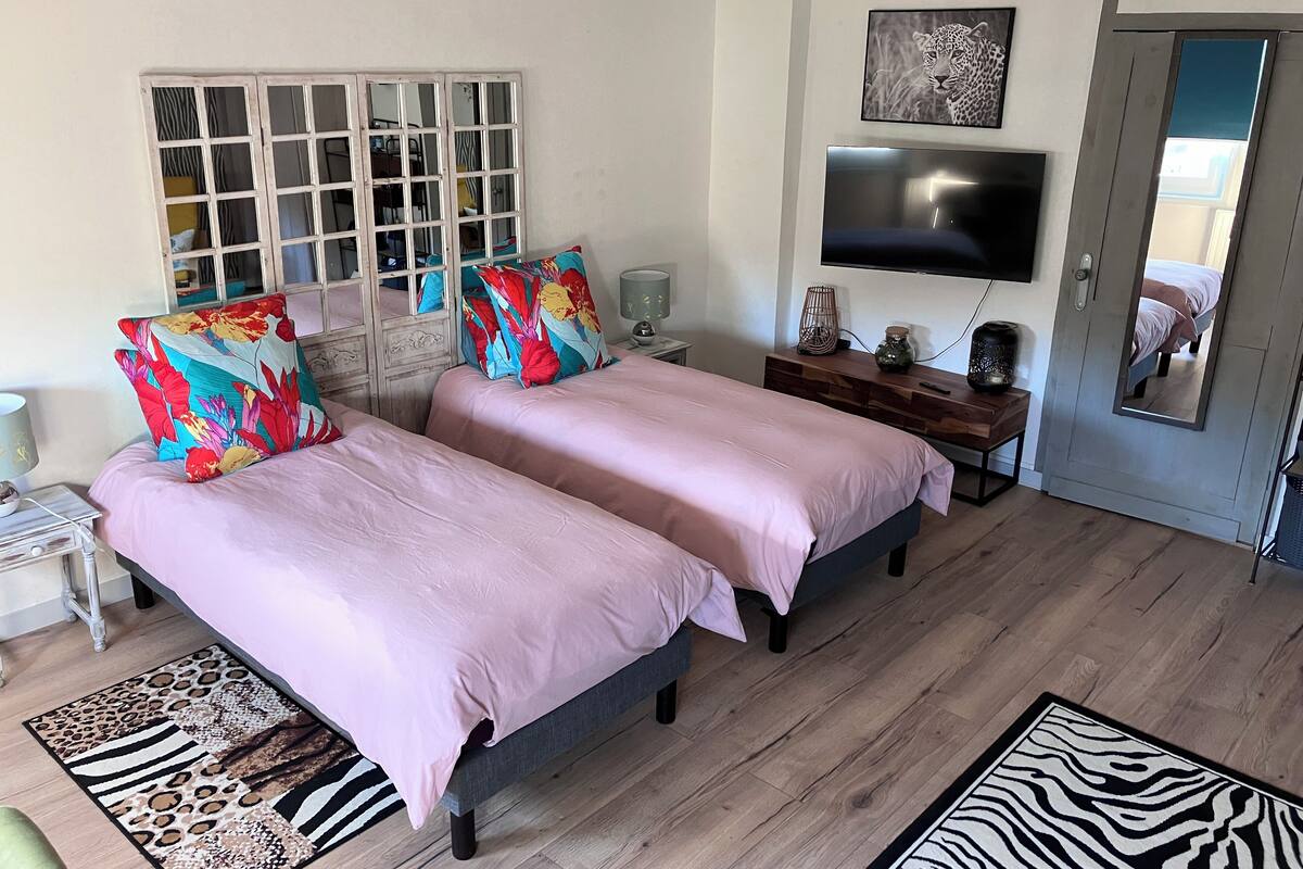 A bedroom with two beds, a TV, a mirror, and a window with curtains.