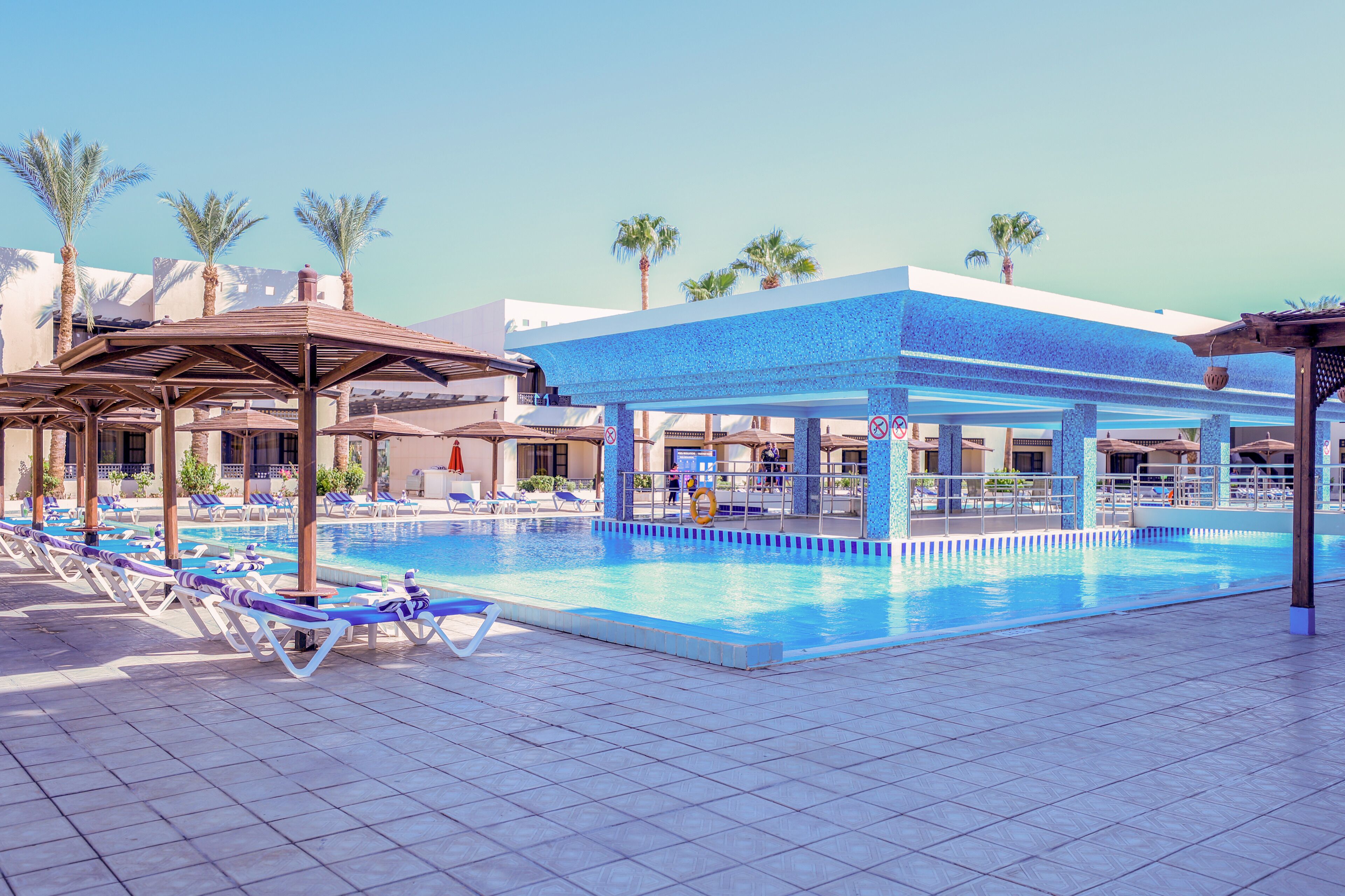 A swimming pool area with lounge chairs, a covered seating area, and palm trees.