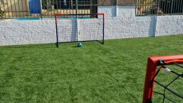 A fenced backyard with a goalpost, artificial grass, and a white wall.