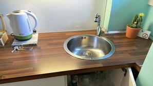 A kitchen with a stainless steel sink, a kettle, and a potted plant. - Luna Rossa Guest House   Green Double room with garden view (ROMA)