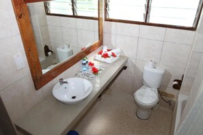 Une salle de bain avec un lavabo blanc, un miroir, des toilettes et une fenêtre.