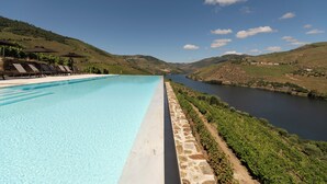 Una piscina con sillones de descanso y sombrillas, rodeada de viñedos y colinas.