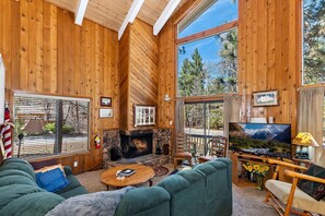 TV, fireplace - Whispering Cottage by Destination Big Bear: Walk to Meadow Park & Lake from this Summit Lake Home! Pet Friendly! Fully Fenced Yard! (Big Bear Lake)
