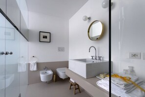 Combined shower/bathtub, hair dryer, bidet