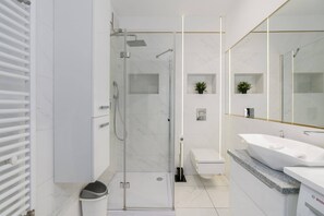 Shower, hair dryer, towels