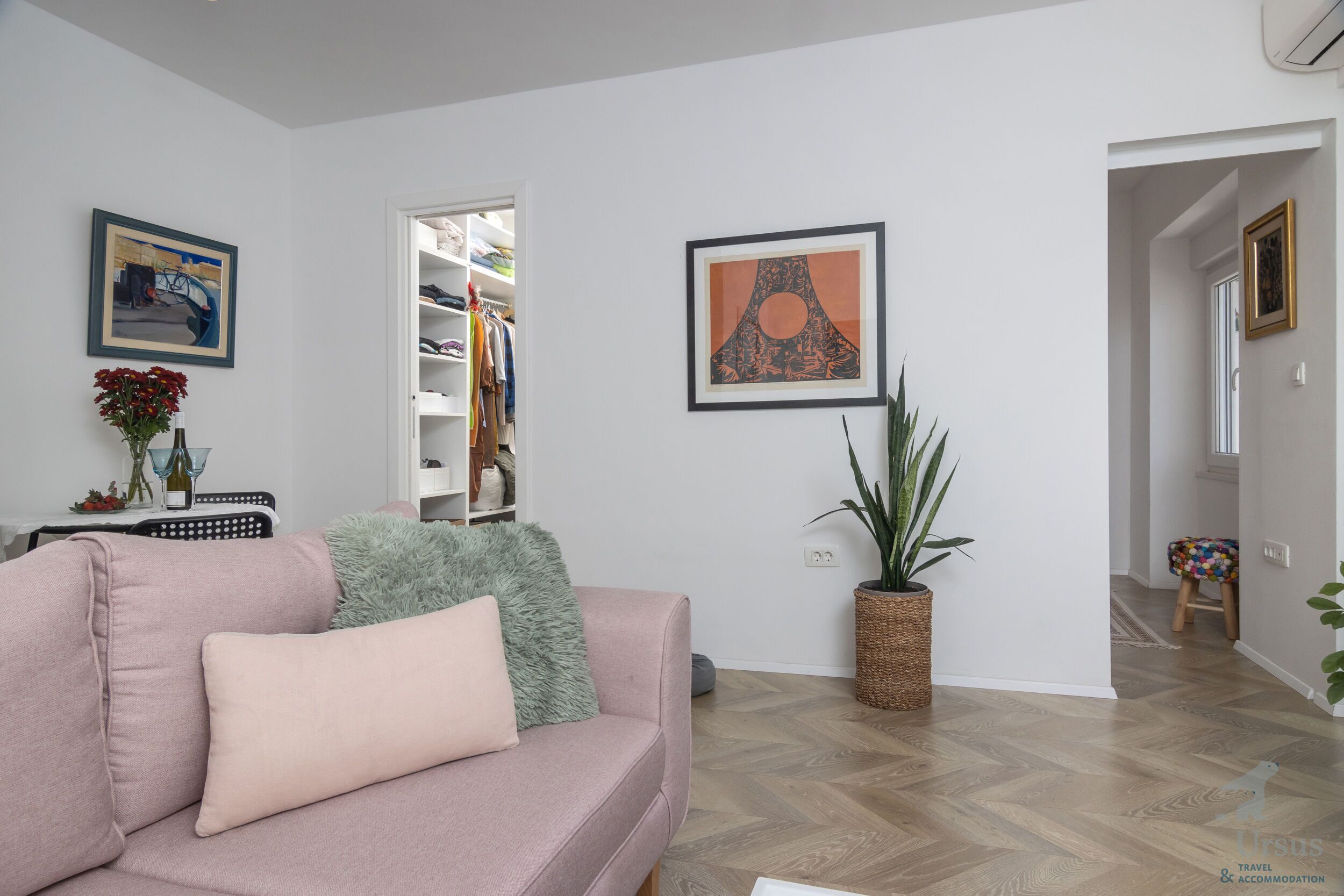 A living room with a sofa, a potted plant, and a framed picture on the wall.