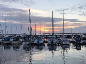 En småbåtshamn med flera båtar förtöjda vid lågvatten.