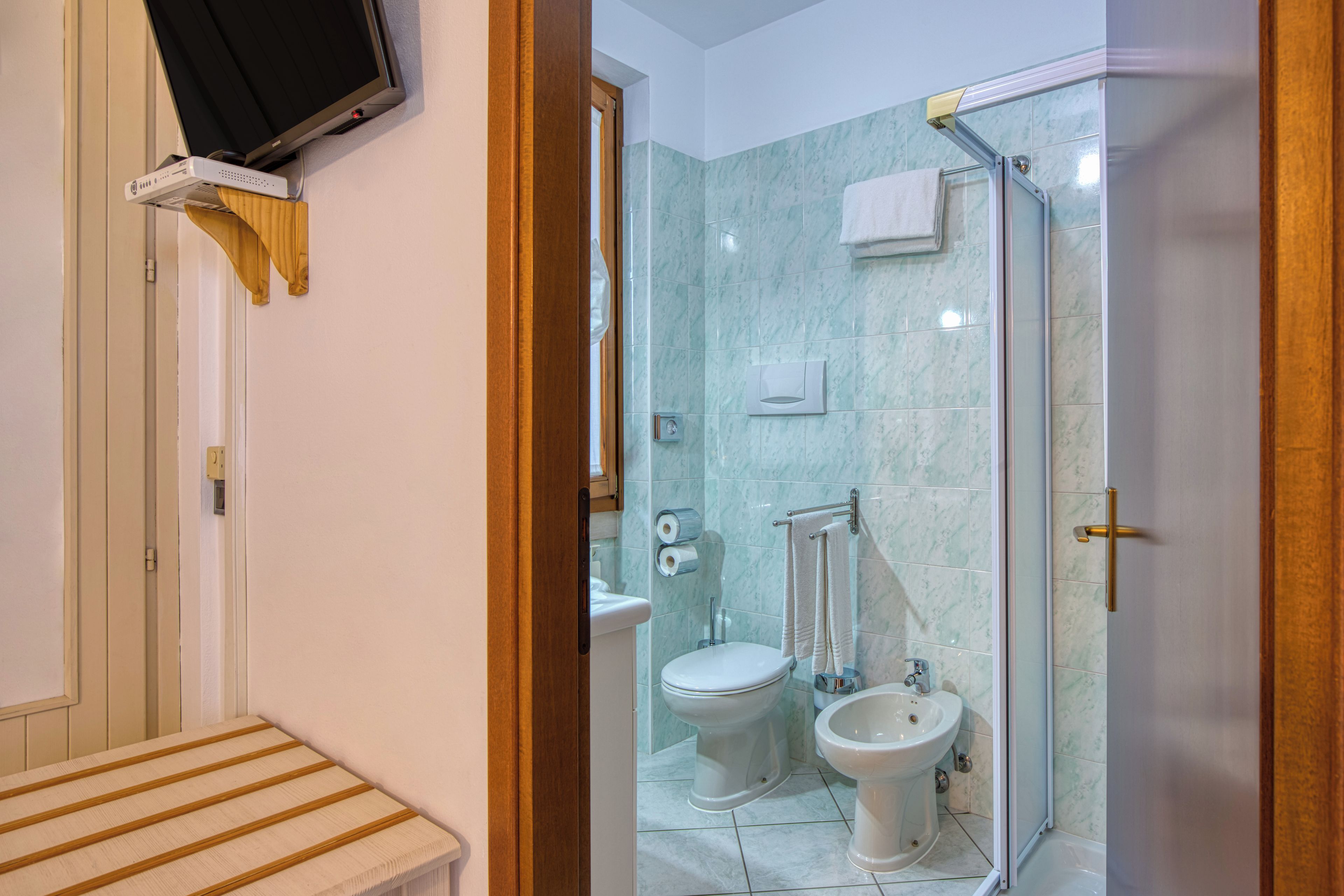 A bathroom with a toilet, bidet, and a shower enclosure.