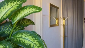 Um corredor com uma grande planta em vaso, um espelho, um abajur dourado e ladrilhos estampados.
