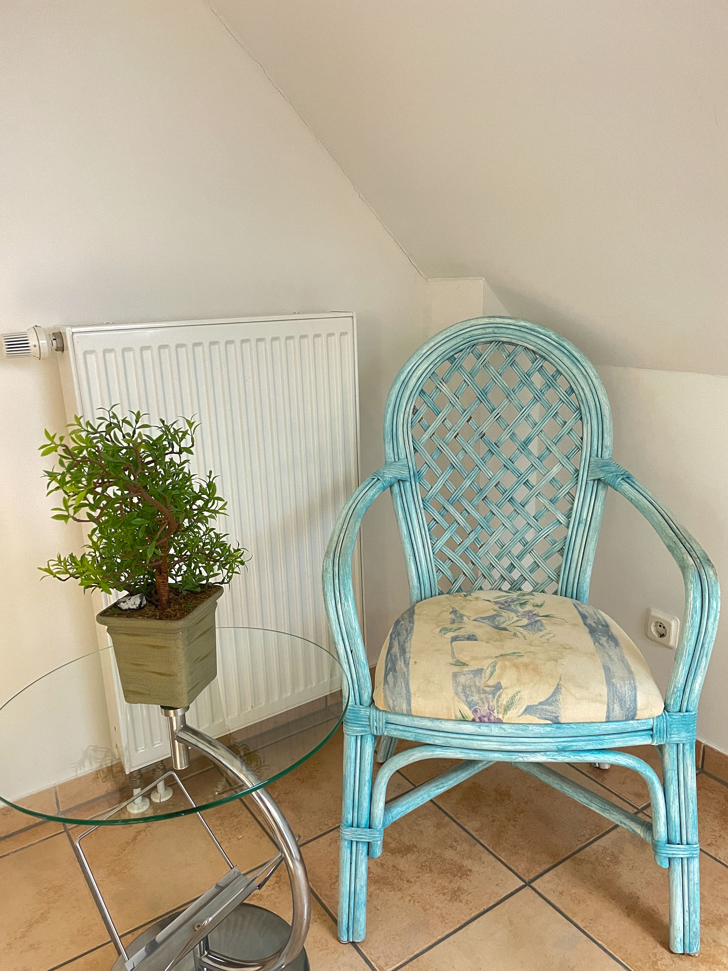 A corner room with a white radiator, a blue wicker chair with a floral cushion, and a glass table with a potted plant.