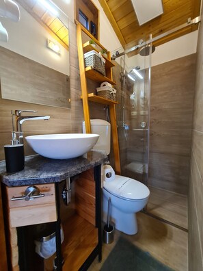 Shower, hair dryer, bathrobes, towels