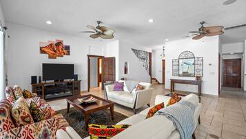 Smart-TV, peis, bøker og stereoanlegg