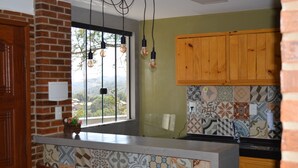 Una cocina con pared de ladrillo, armarios de madera y baldosas estampadas.