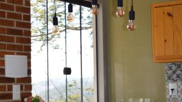 Fridge, oven, cookware/dishes/utensils, cleaning supplies