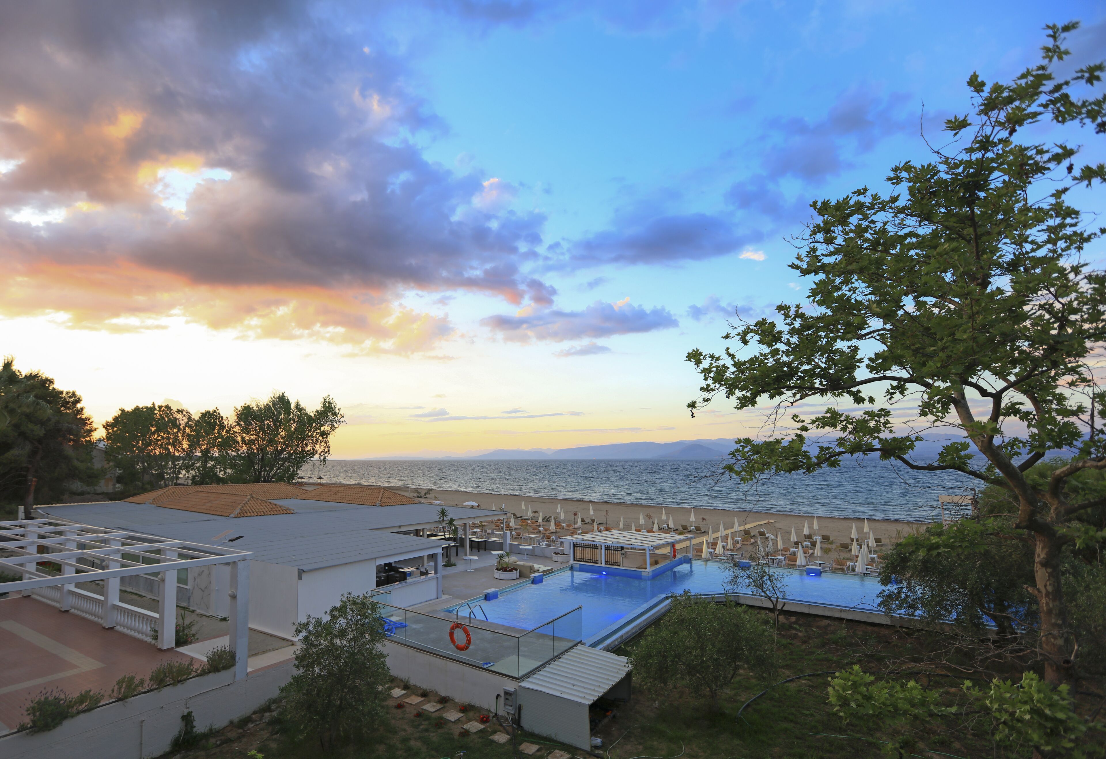 Zona de piscina en la azotea con vistas al mar, rodeada de árboles y un cielo despejado.