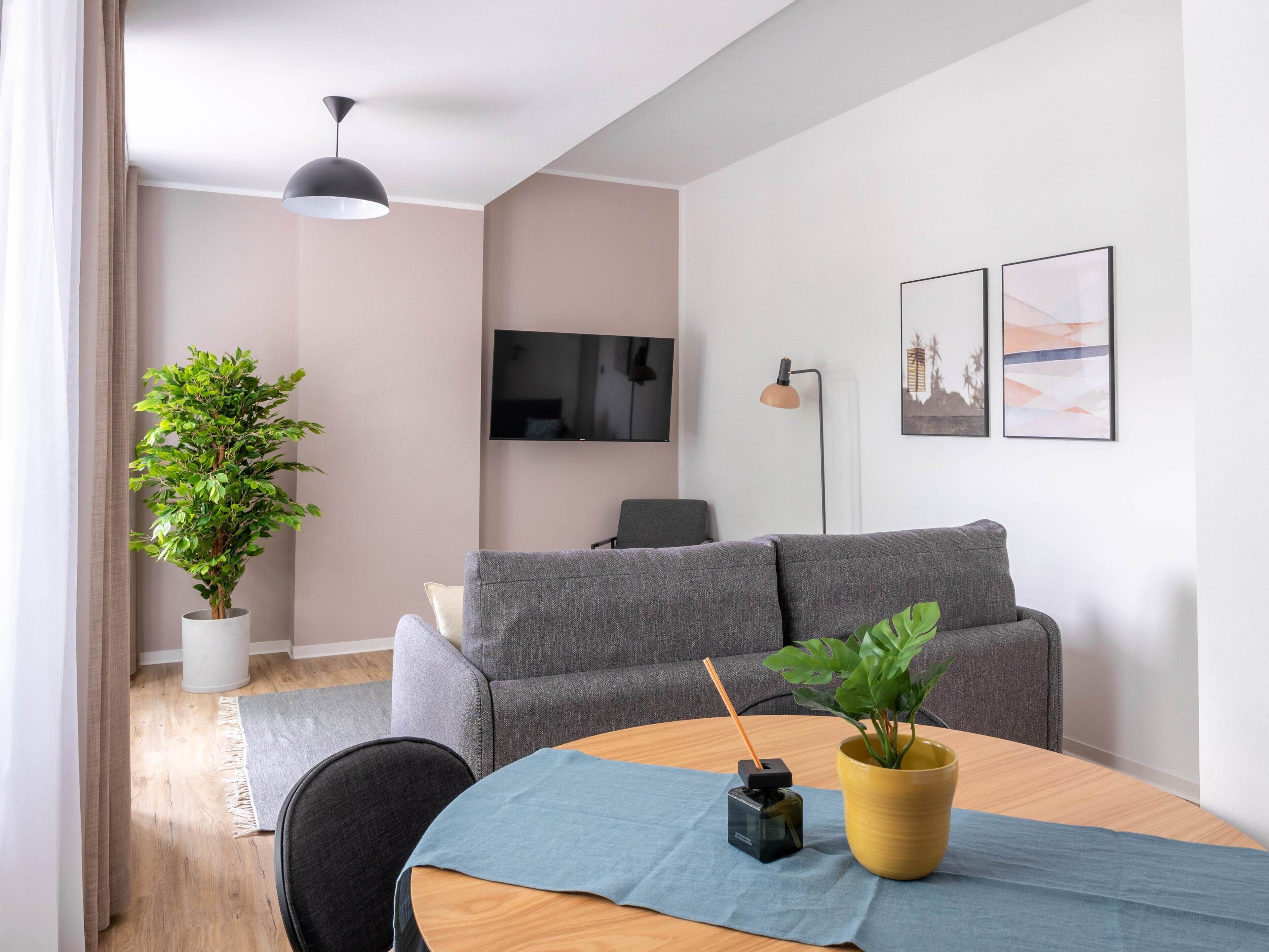 A modern living room with a grey sofa, a flat-screen TV mounted on the wall, a potted plant, and a small table with a blue tablecloth.