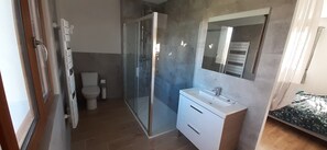 Ducha, secador de pelo, toallas y jabón