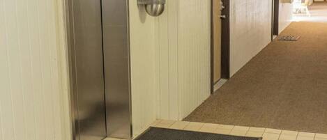 A hotel corridor with a carpeted floor, a metal elevator, and a door with a number plate.
