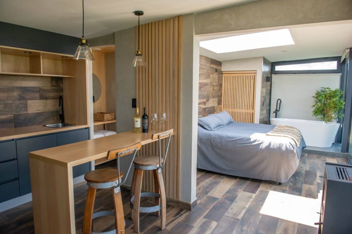 Ein kleines Zimmer mit einer Küchenzeile, einem Bett, einer Badewanne und einer Topfpflanze.