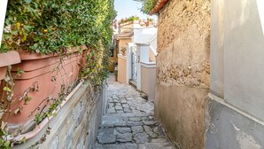 A narrow cobblestone alleyway flanked by buildings with terracotta walls and potted plants. - De Gulia Charme and Relax (Castellabate)