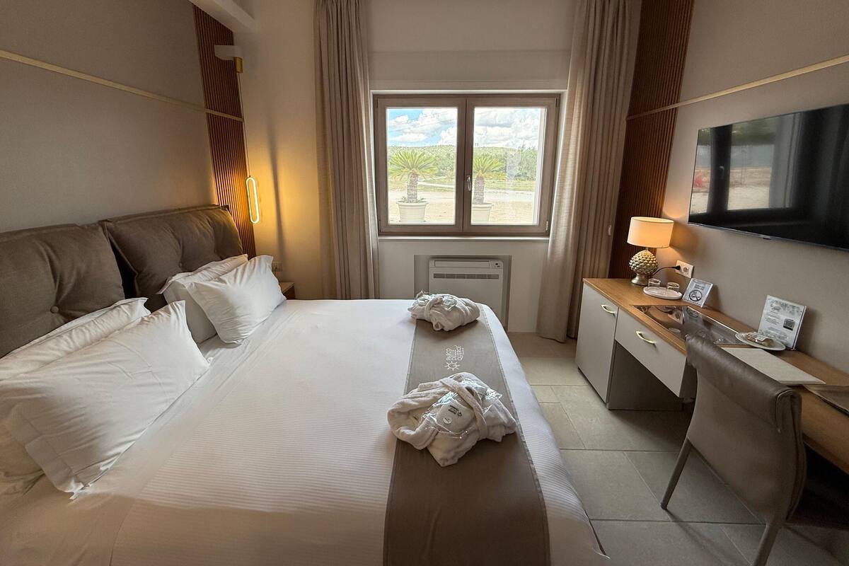 Habitación de hotel con una cama grande, un escritorio con televisor y una ventana con vistas a zonas verdes.