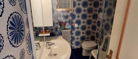 A bathroom with a white sink, a mirror, a toilet, and a shower area.