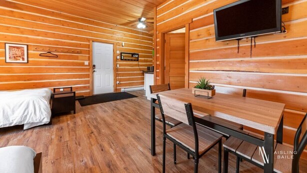 A wooden cabin interior with a bed, a dining table with chairs, a TV mounted on the wall, and a small plant on the table. - Paddlers Inn - Canoe Shop | Rustic | Quaint | Cozy (Canal Flats)
