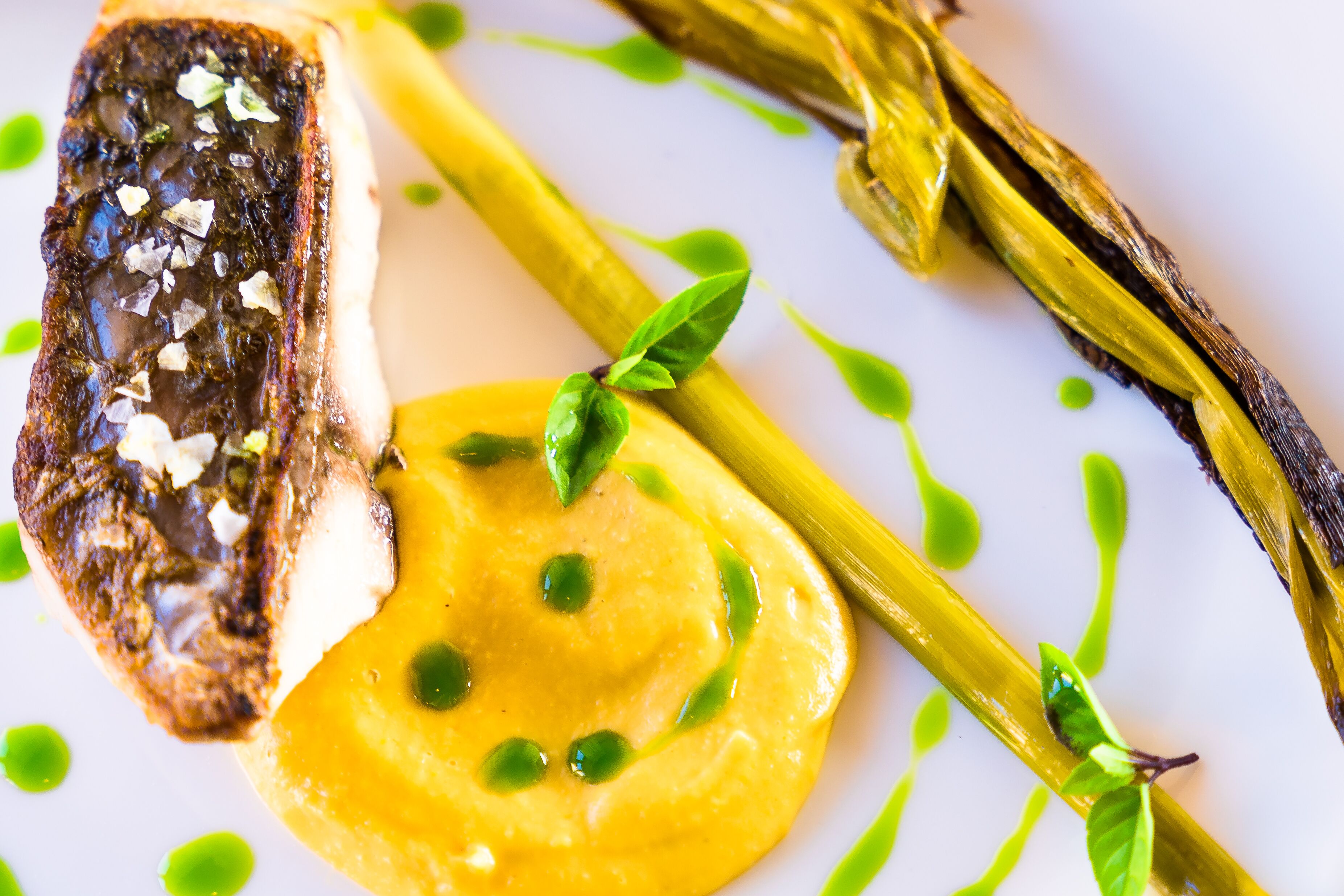 A plate with a piece of grilled meat, a slice of bread, and a dollop of yellow sauce, garnished with green leaves and herbs.