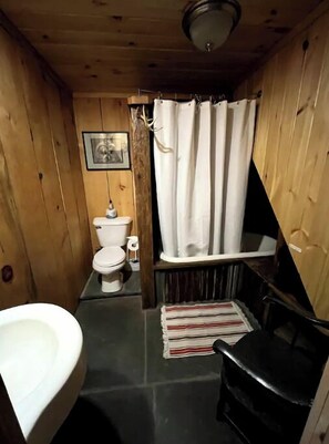 Duschwanne, Handtücher, Seife, Toilettenpapier