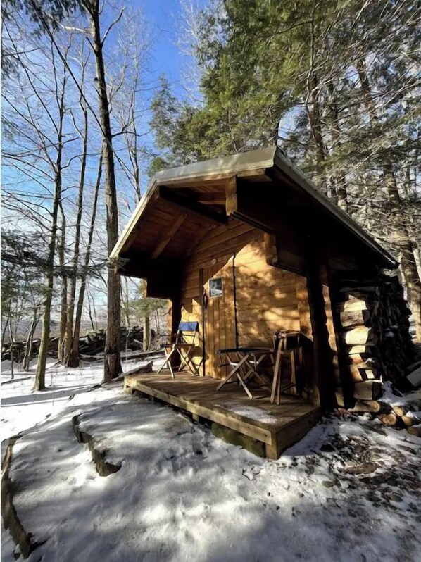 Situated in a forested area, this cabin offers a secluded retreat with a front porch perfect for relaxation.