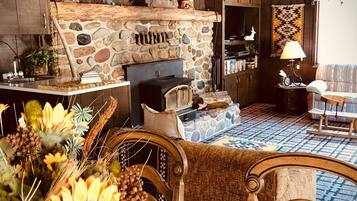 Télévision, cheminée, lecteur de DVD, livres