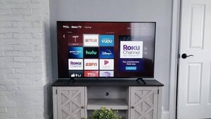 Ein Fernseher auf einem schwarzen Ständer, der verschiedene Streaming-Dienste anzeigt, mit einer Pflanze in der Mitte.