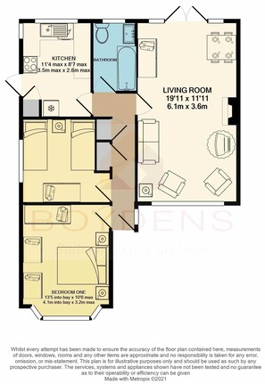 Plano de planta de una casa con cocina, baño, sala de estar y dos dormitorios.