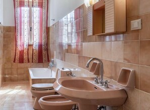 Bathtub, hair dryer, bidet