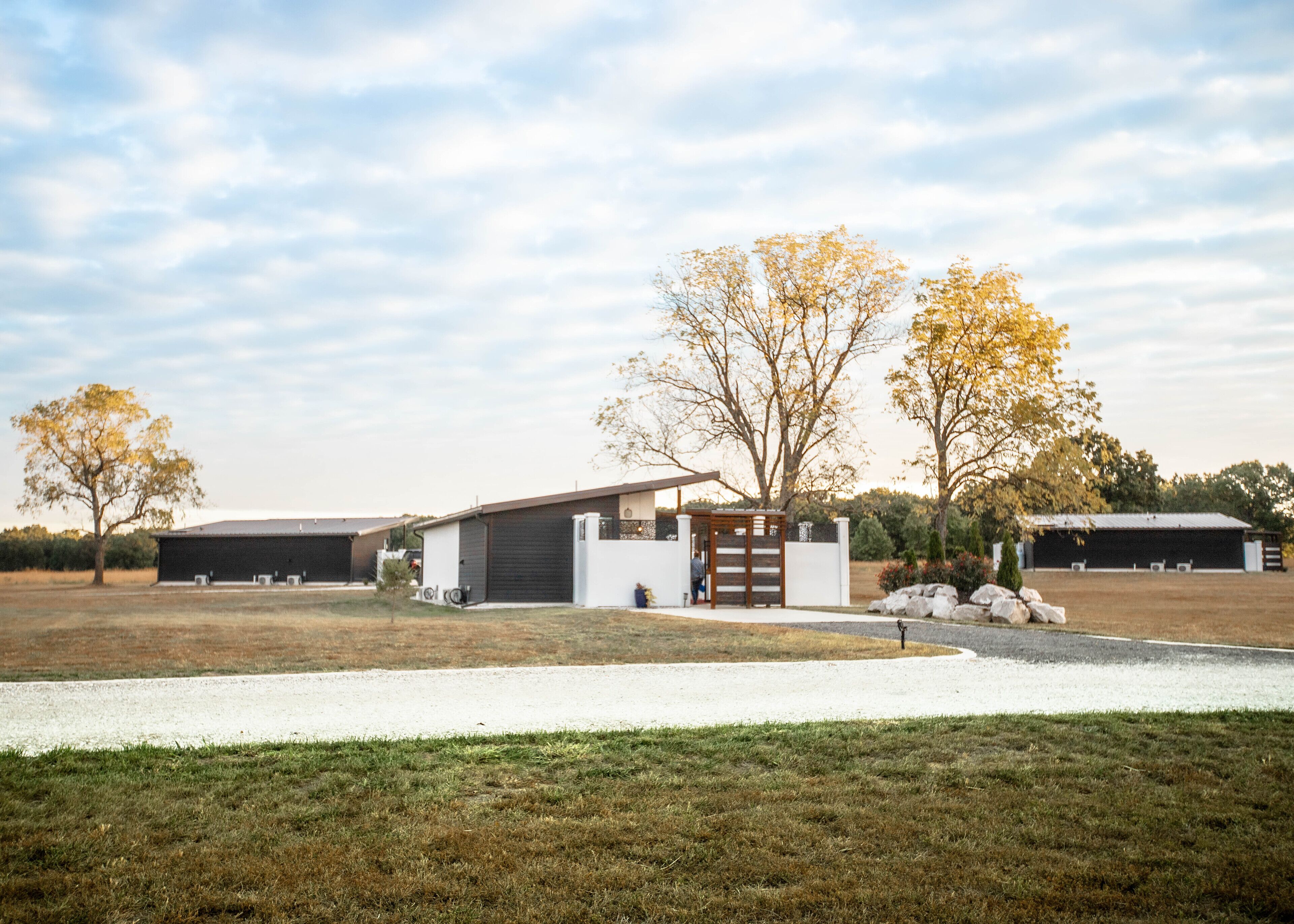Une maison moderne avec un garage, un petit jardin et un grand terrain ouvert.