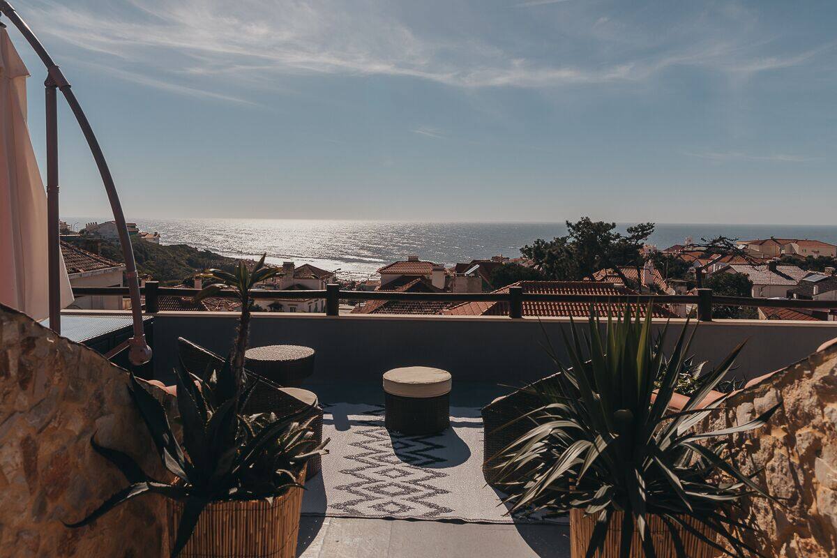 Una terraza con vistas al mar, plantas en macetas y un tapete estampado.