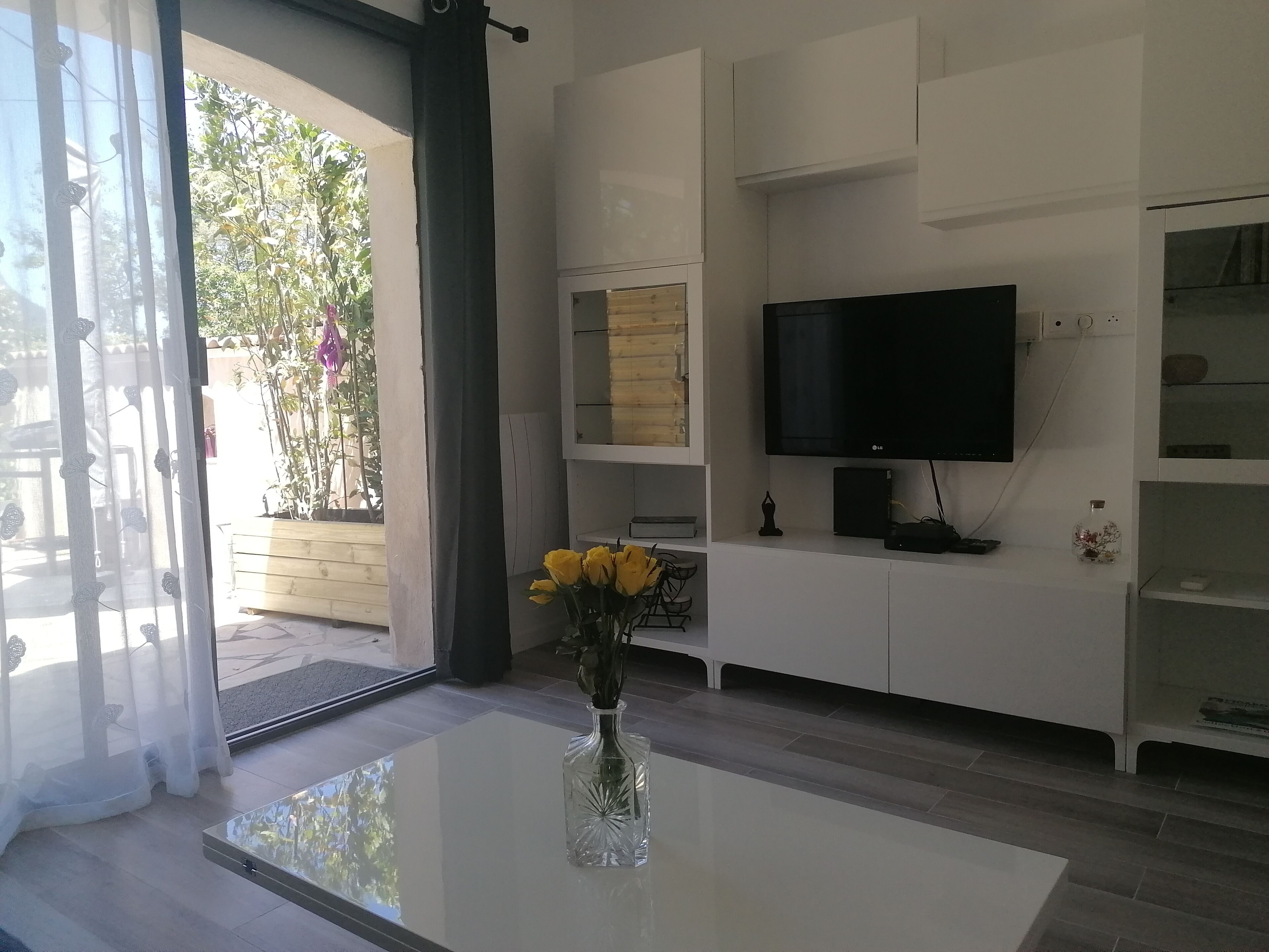 Un salon moderne avec une table basse en verre, un téléviseur à écran plat fixé au mur et une plante en pot posée sur une étagère.