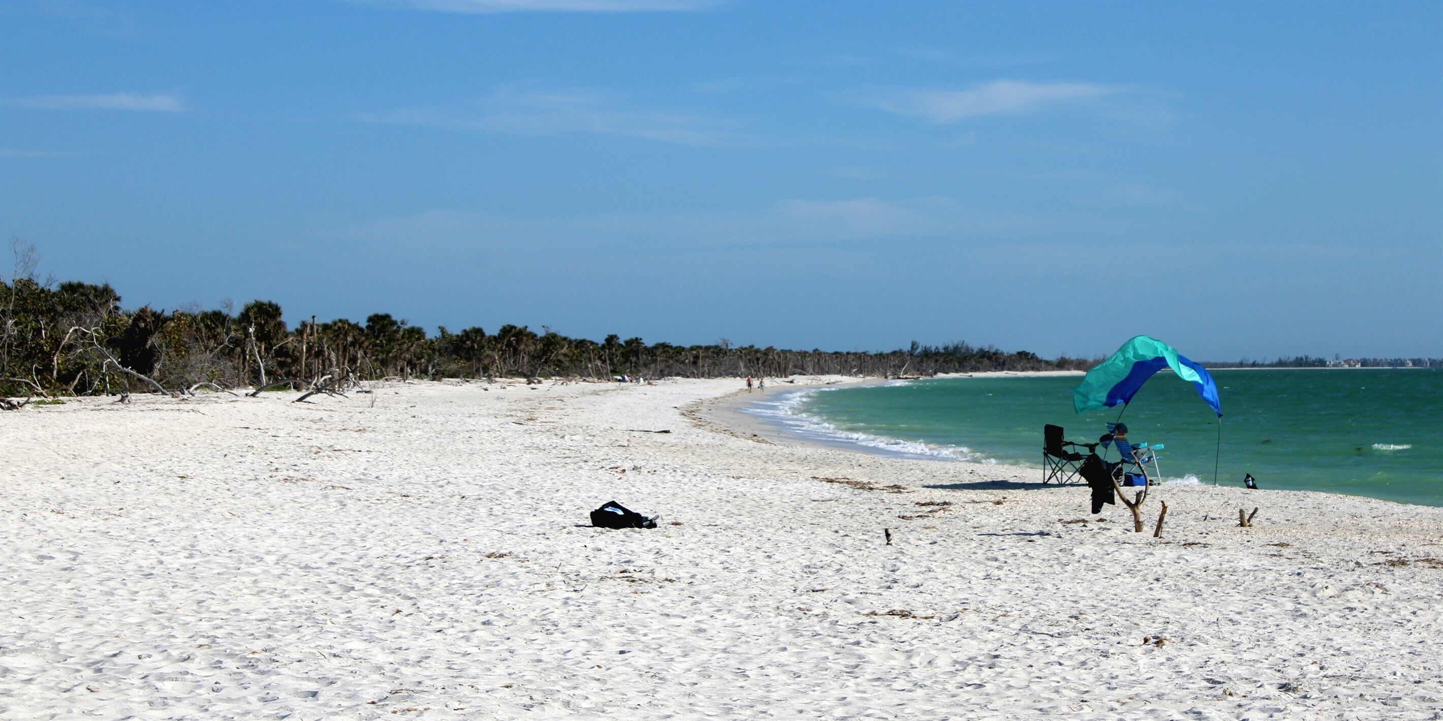 A beach with a clear sky, a few people, and a blue umbrella.
