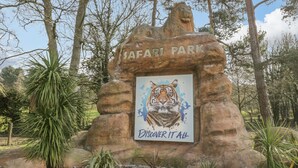 A sign for Safari Park with a tiger illustration and the text "Discover It All". - The Stables (Stourbridge)