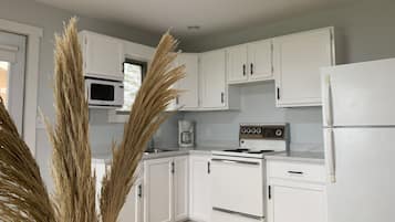 Microwave, stovetop, toaster, cookware/dishes/utensils