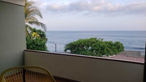 A balcony with a view of the sea, a wicker chair, and some greenery.