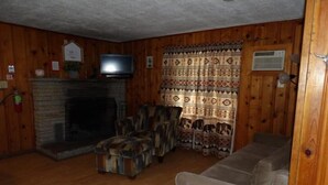 Een knusse woonkamer met een open haard, houten wanden, een televisie en kamergordijnen.