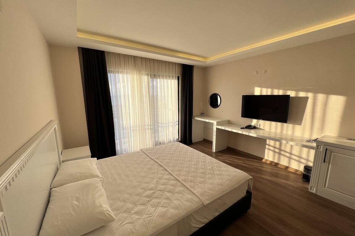 Habitación de hotel con una cama, un escritorio, un televisor y una ventana con cortinas.