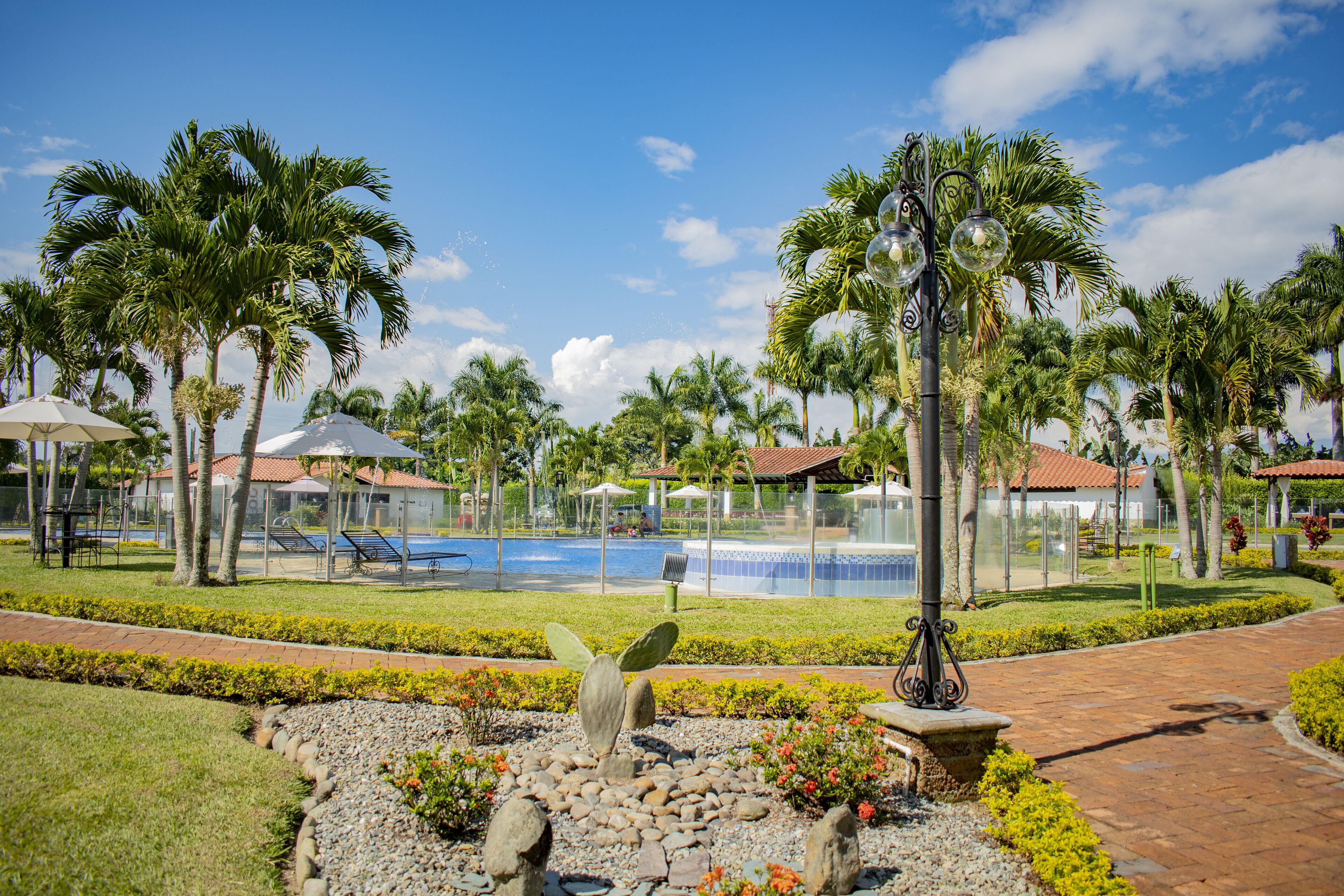 Un resort con piscina, palmeras y un jardín bien cuidado.