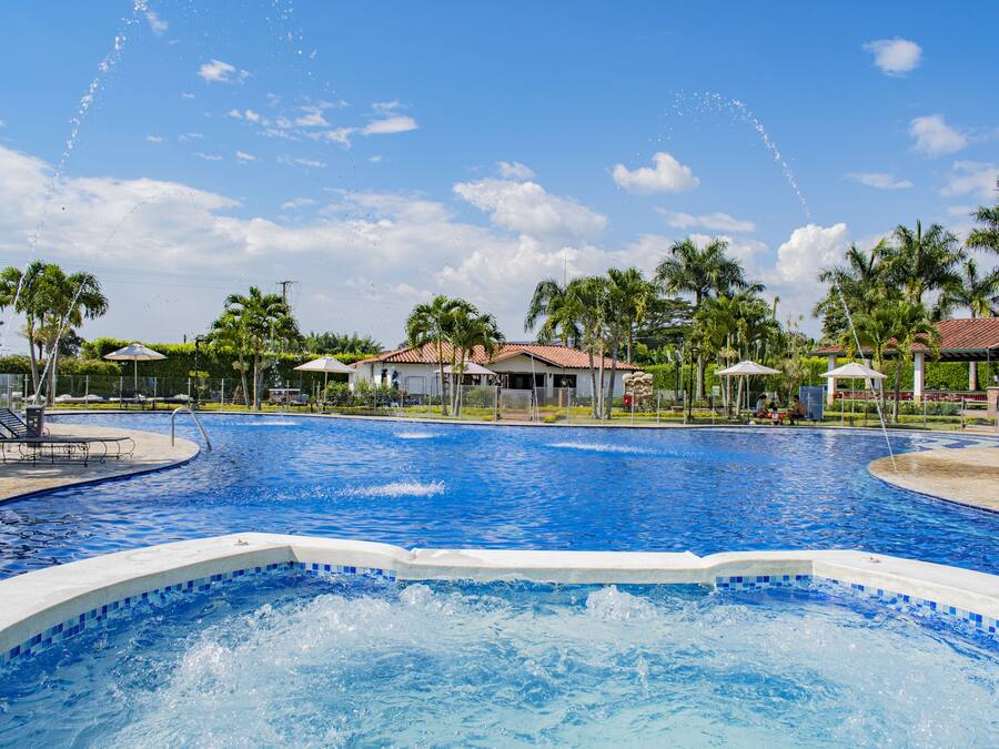 Outdoor pool, pool umbrellas, sun loungers