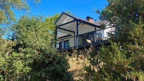 Une maison moderne dotée d’un porche abrité, entourée d’une végétation luxuriante et surplombée d’un ciel bleu azur.