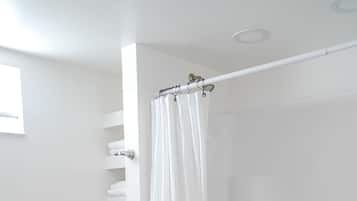 Bathtub, hair dryer, towels, soap