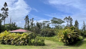 A rural landscape with a red-roofed building surrounded by lush greenery and tall trees.