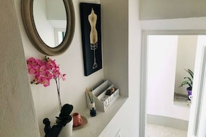 Ein Flur mit einem Spiegel, einem gerahmten Kunstwerk, rosafarbenen Orchideen, einer kleinen Pflanze und einer dekorativen Schachtel mit einer Mäusefigur.