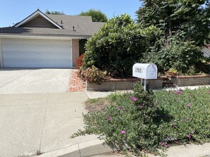 A residential driveway with a garage, a mailbox, and a well-maintained garden with flowering plants.